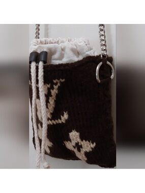New In   Brown Knit Mini Pouch With LV Logo On Front + Silver Chain